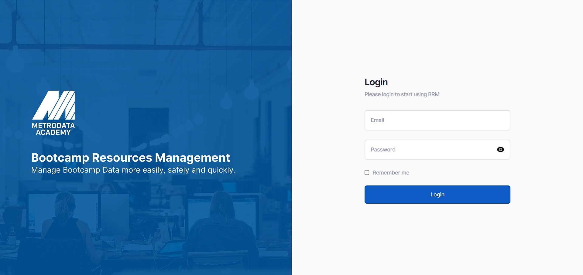 The Bootcamp Resource Management sign-in screen for Metrodata Academy